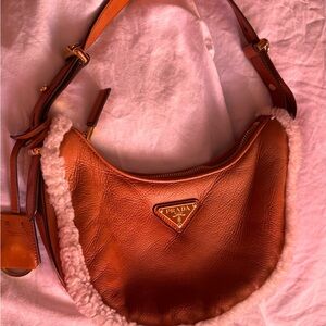 Authentic Prada shearling trimmed leather shoulder bag